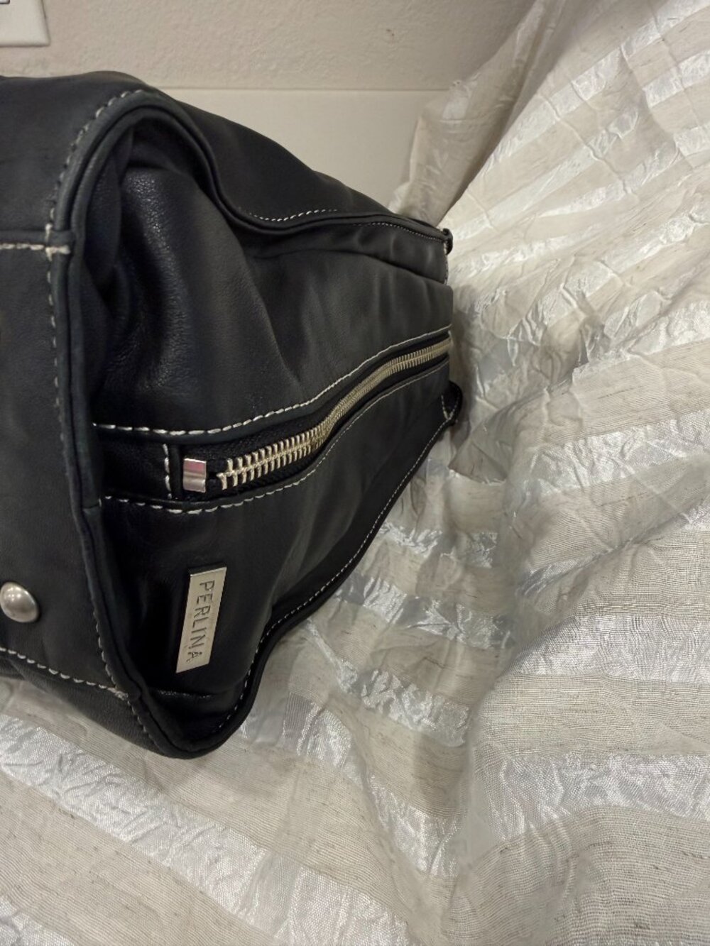 Perlina New York Black Genuine Leather Y2K Shoulder Bag Tote Hardware - Picture 10 of 17